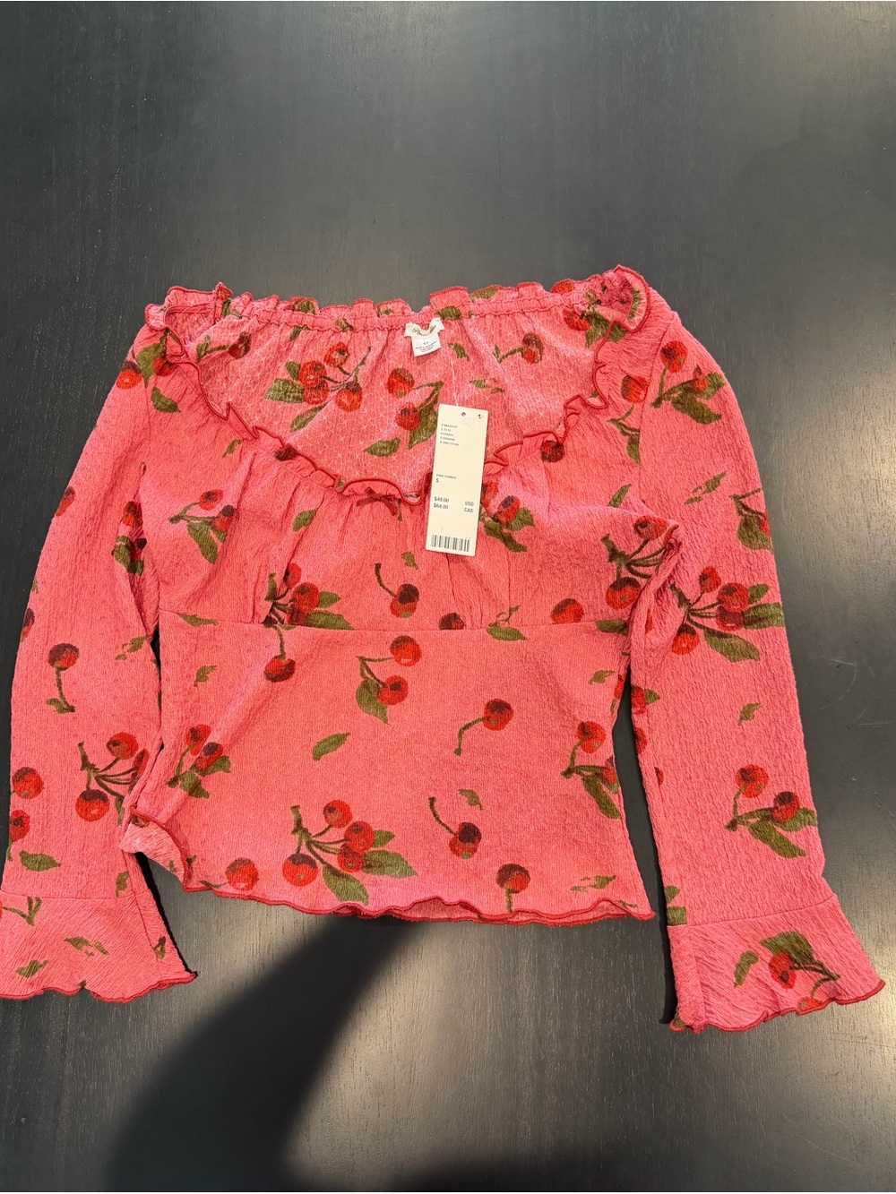 Urban Outfitters Pink Cherry-Print Off-Shoulder Ruffle Long Sleeve Top
